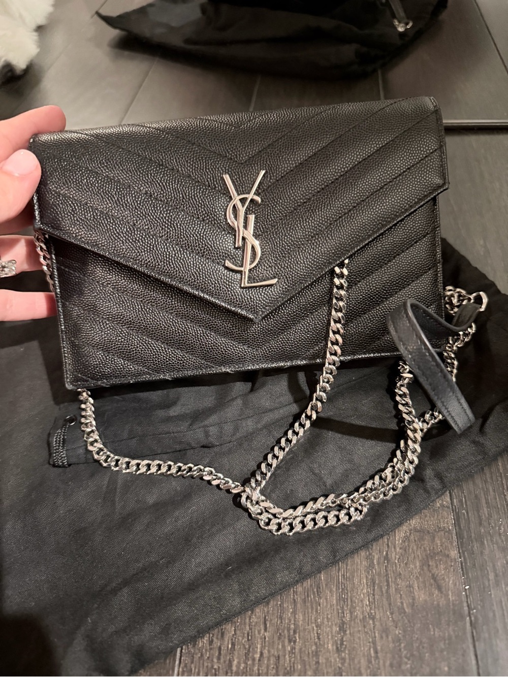 Saint Laurent Black Quilted Envelope Crossbody with Silver Chain - Picture 3 of 6